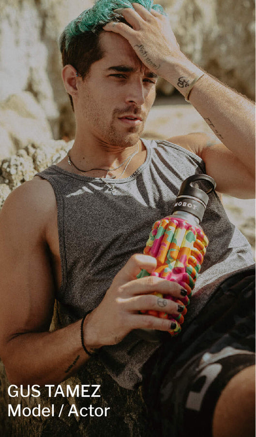 gus tamez model and actor using mobot foam roller water bottle