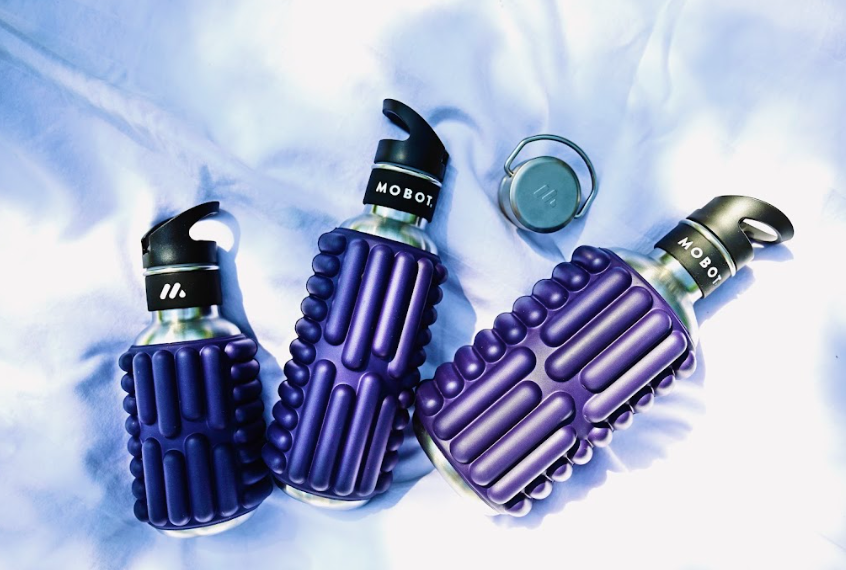 purple 18oz 27oz and 40oz Mobot foam roller water bottles 