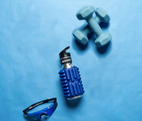 blue 18oz firecracker Mobot foam roller water bottle with 2 dumbbelles and blue sport glasses